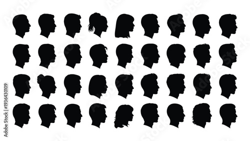 A collection of thirty black silhouette headshots on a white background