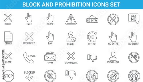 Block and prohibition icons set, no entry ban reject warning symbols, access denied, security control, line vector illustration collection