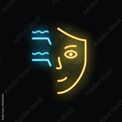 Neon glowing icon of a human face with radio waves on a black background, representing the concept of facial recognition