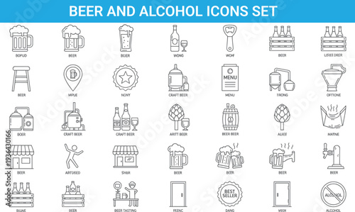 Beer and alcohol icons set, craft brewery bottles mugs bar menu tasting symbols, pub lifestyle, line vector illustration collection