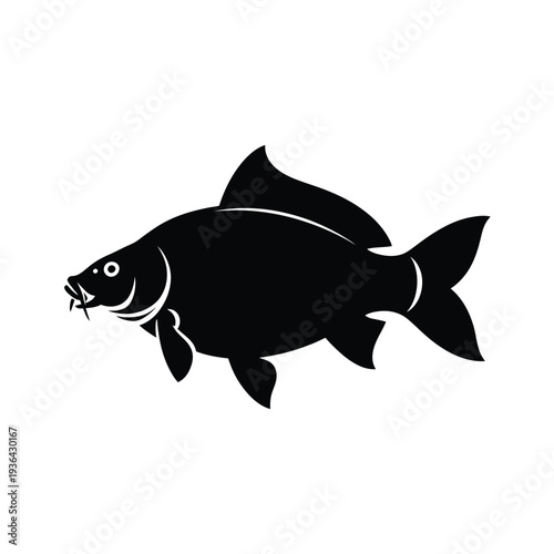 A minimalist black silhouette of a carp swimming gracefully
