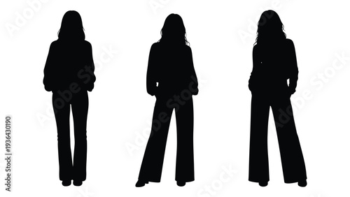Three silhouettes of women with long hair posing against a white background