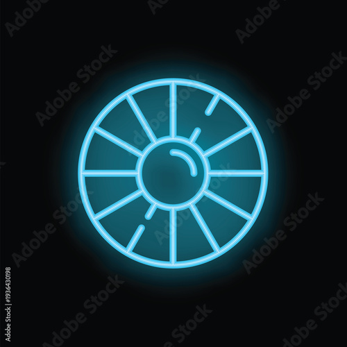 Blue neon roulette wheel spinning on black background representing luck and chance in casinos