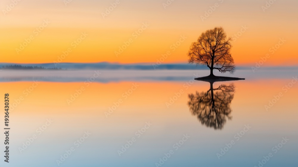 Fototapeta premium Serene Sunrise Reflection of Lone Tree on Calm Water with Soft Pastel Sky and Misty Horizon