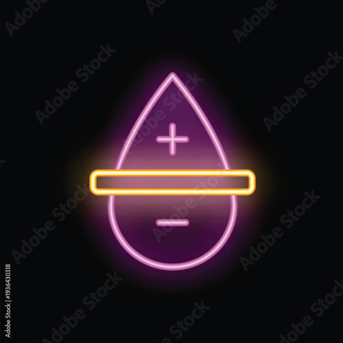 Glowing neon icon of a blood droplet with plus and minus symbols, representing the concept of blood test analysis