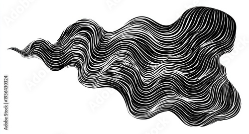 Abstract black and white wavy lines illustration. Resembles hair or smoke. Organic shape