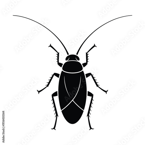 A minimalist black silhouette of a cockroach facing forward