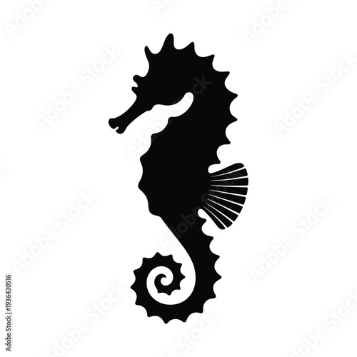A striking black silhouette of a seahorse with a curled tail