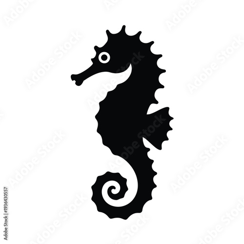 A striking silhouette of a seahorse against a plain white background