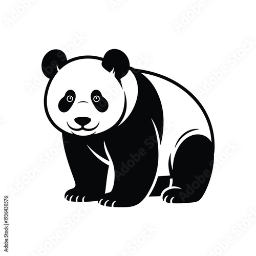 A charming black and white illustration of a seated panda bear