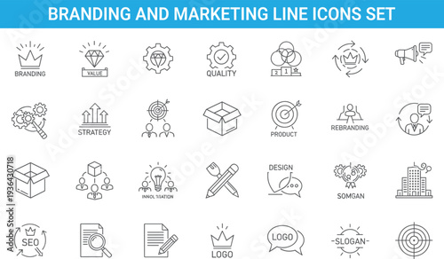 Branding and marketing line icons set, logo design, strategy, innovation, product, quality, rebranding, SEO, creative business concepts