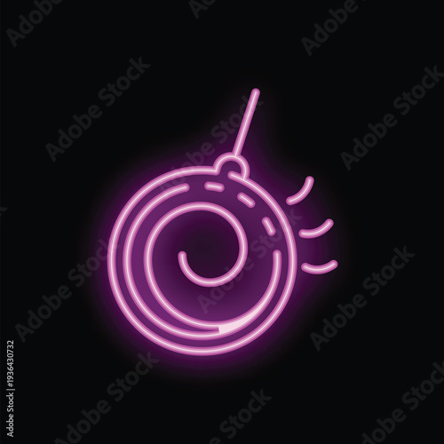 Bright purple neon sign representing a round bob weights on a black background