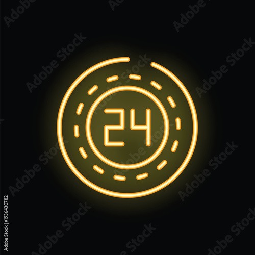 Yellow neon sign showing the number twenty four, indicating a full day cycle