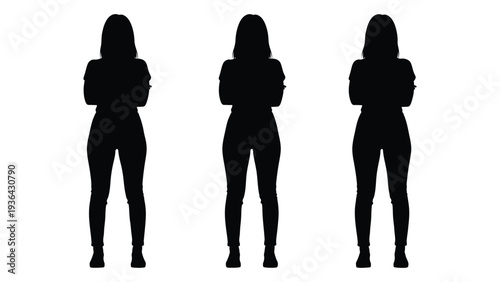 Three identical silhouettes of women standing with arms crossed against a white background