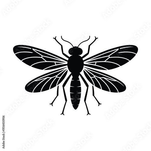 Stylized black silhouette of a wasp with detailed wings and legs