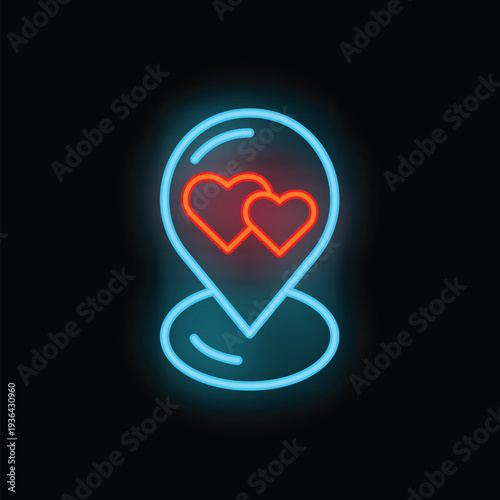 Glowing neon sign representing love and dating apps, locating romantic places for couples