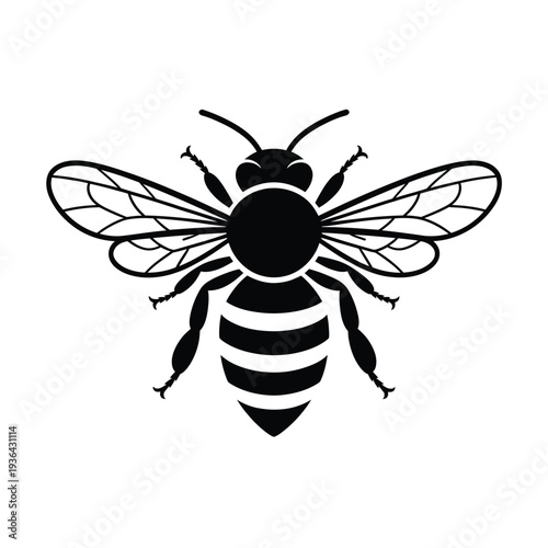 Simple black and white illustration of a honeybee in flight