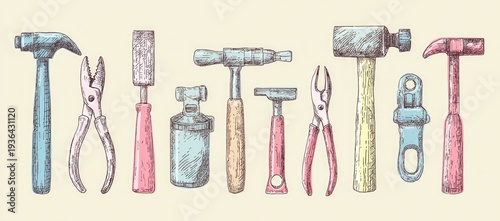 Collection of various hand-drawn tools, including hammers, pliers, and other crafting implements