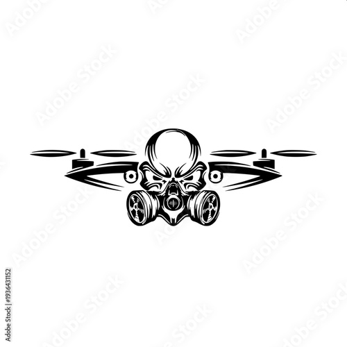 Modern surveillance drone releasing explosive grenade, bold black silhouette, minimal vector design, flat monochrome style