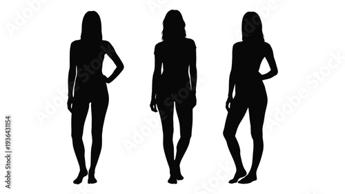 Three female silhouettes stand facing forward displaying varying body postures