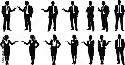 Set of professional business people silhouettes, men and women in suits standing, walking, and presenting for corporate office identity and marketing.