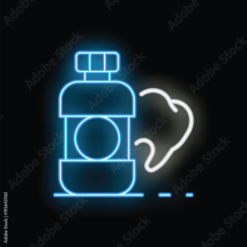 Blue neon icon of mouthwash bottle and healthy tooth representing oral hygiene