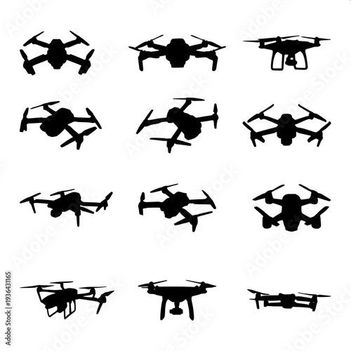 Modern surveillance drone releasing explosive grenade, bold black silhouette, minimal vector design, flat monochrome style