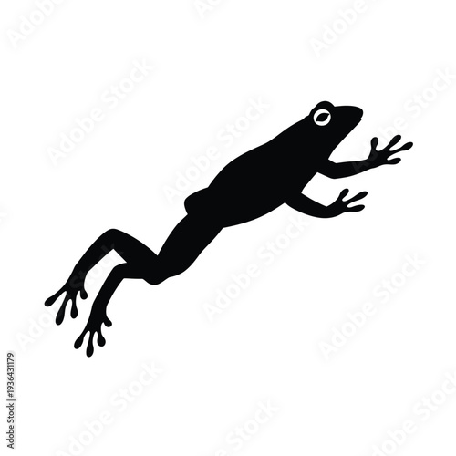 A simple black silhouette of a leaping frog against a white background