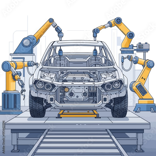 Automotive Assembly Line: Robotic Arms Building a Car Body