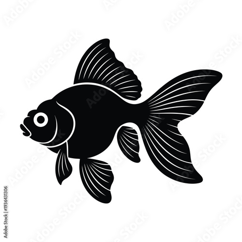 A striking black and white illustration of a single goldfish swimming