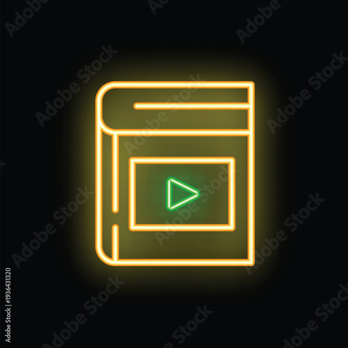Glowing neon line audiobook icon isolated on a black background, perfect for illustrating digital book concepts
