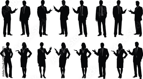 Set of professional business people silhouettes, standing and walking men and women in formal suits for corporate identity, office projects.
