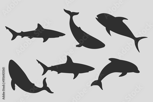 Shark, dolphin, whale fish silhouette vector illustration. Fish tattoo on white background. Black and white fish vector on white background. Salmon fish sketch for coloring book