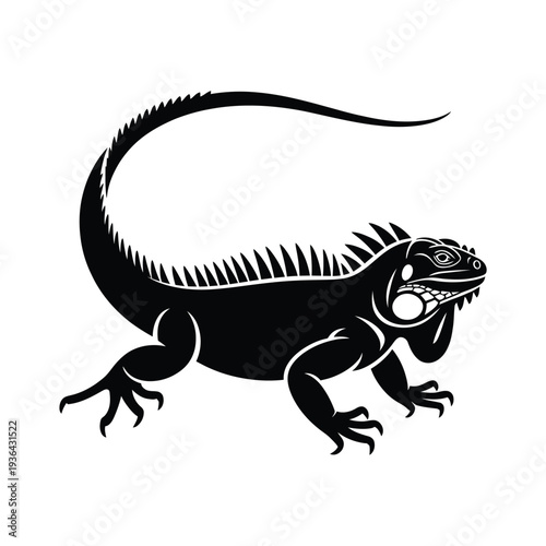 Black and white illustration of an iguana in a dynamic pose