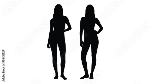 Silhouettes of two women standing with hands on hips against a white background