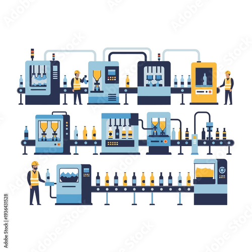Automated beverage bottling production line, factory machinery, industrial manufacturing process