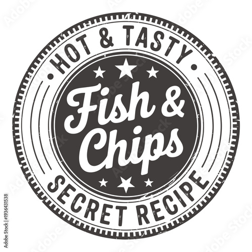 A vintage style circular stamp proclaiming fish chips with recipe text