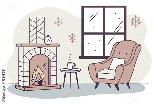 Cozy living room with a warm fireplace on a snowy day