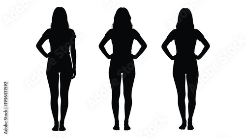 Three female silhouettes stand with hands on hips against a white background