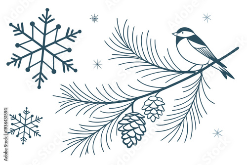 A bird perched on a pine branch with snowflakes