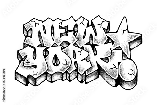 New York Graffiti Throw Up in Classic Black and White Old School Style with Detailed Pointillism Shading Vector Graphic.