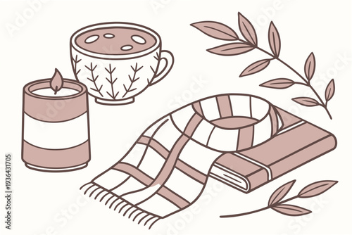 A cozy still life with a mug, candle, book, and scarf