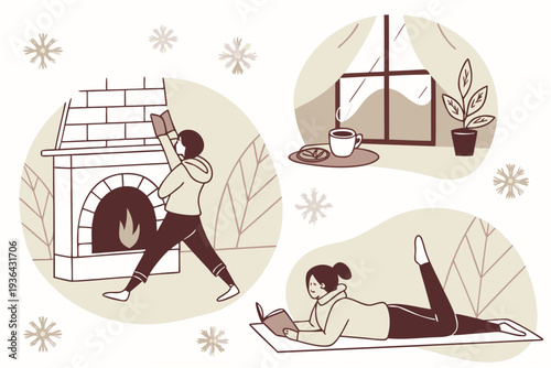A set of illustrations depicting winter activities and exercises