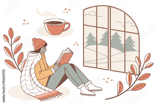 A woman sits by the window with a cup of coffee