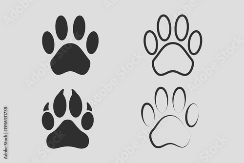 different animal paw silhouette illustration. paw print icons in different style, cute animal track
