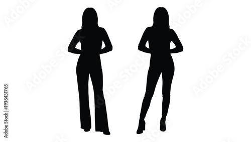 Two silhouetted women stand facing forward with hands on hips