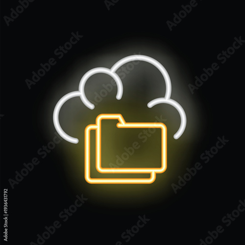 Glowing neon icon of folders uploading to a cloud storage service on a dark background