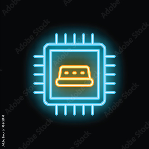 Neon cpu microchip glowing on a black background, representing concepts such as computing, processing power and technology