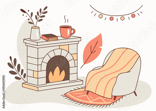 Cozy living room with fireplace and autumn decor