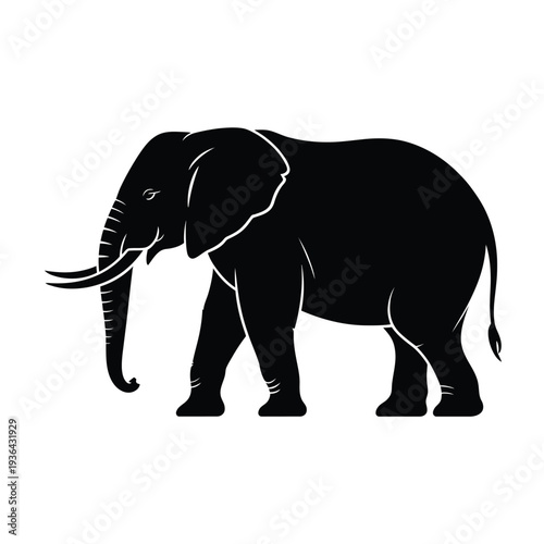 A striking black silhouette of an african elephant in profile view